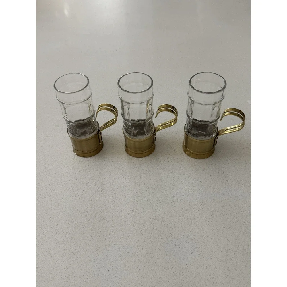 Vintage Beucler Tea  Espresso‎ Coffee Glasses Brass Holders Set of 3